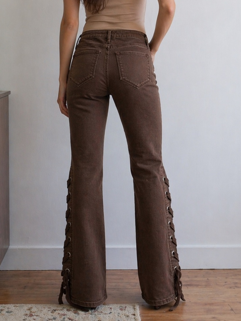 Driftwood Brown Embroidered Lace-Up Flare Jeans size 26 - Picture 2 of 6
